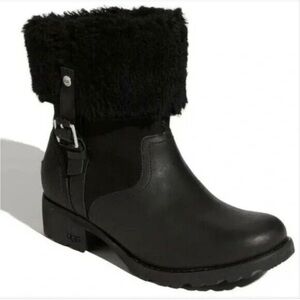 UGG Black Bellevue 1914 Leather Shearling Zip Fold Over Moto Boots Sz 6